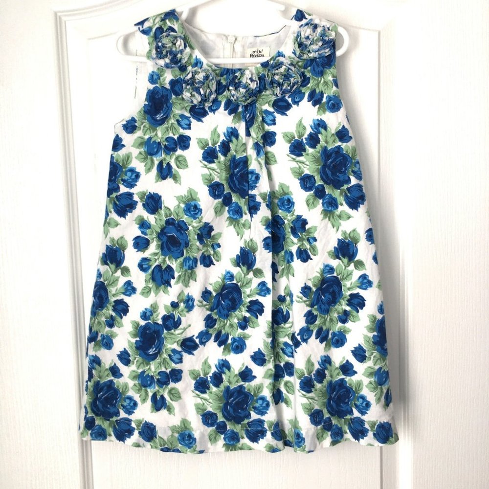 Mini Boden Dress 4-5Y Blue Rose Print Applique Flowers Lined Sleeveless